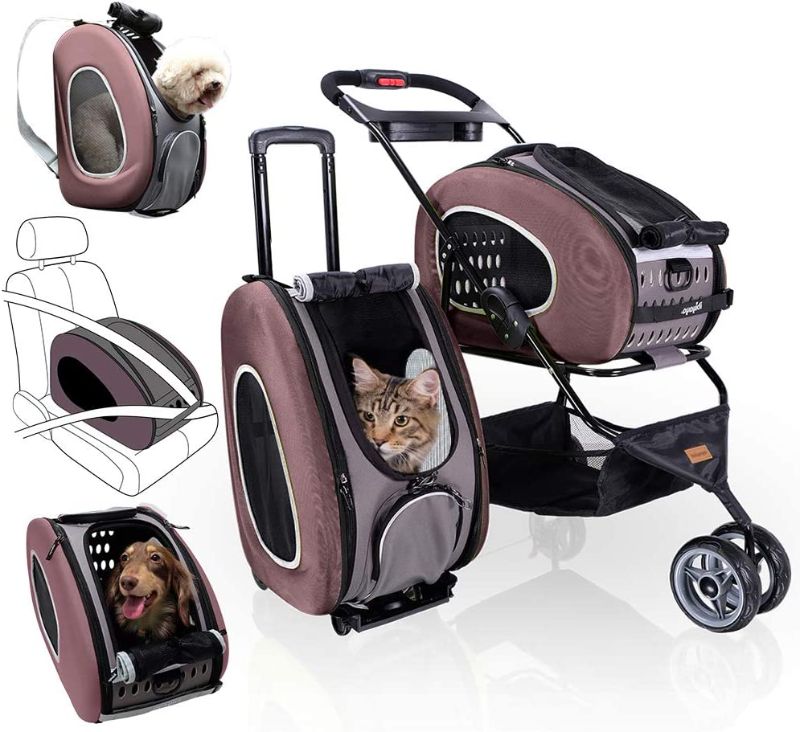 Photo 1 of 5-in-1 Pet Carrier with Backpack, Pet Carrier Stroller, Shoulder Strap, Carriers with Wheels for Dogs and Cats - Brown
