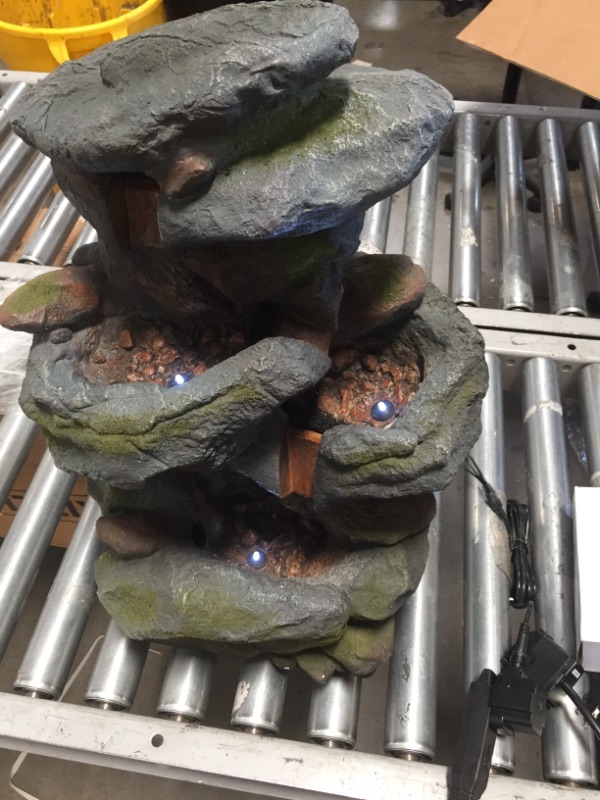 Photo 3 of ** MAJOR DAMAGE*** FUNCTIONAL!!*** 
Alpine Corporation WIN582 Tall Outdoor 3-Tier Rock Waterfall Fountain with LED Lights, 15"L x 13"W x 22"H, Gray/Beige
