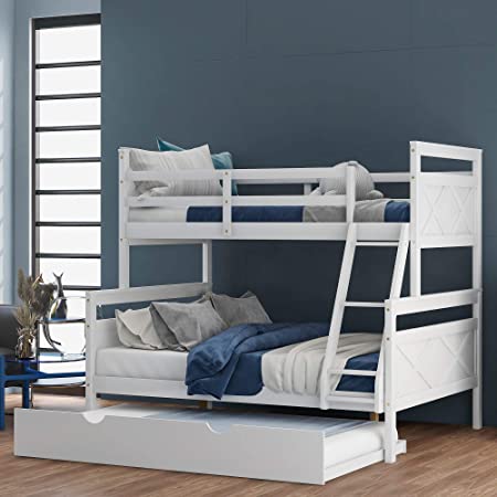 Photo 1 of **INCOMPLETE** Twin Over Full Bunk Bed with Twin Size Trundle, Ladder and Safety Rail for Boys Teens Girls, Bedroom, Guest Room, No Shading Needed, Convertible to 2 Separate Beds (White) **BOX 2/2** **MISSING BOX ONE** **MISSING COMPONETS** **MINOR DAMAGE