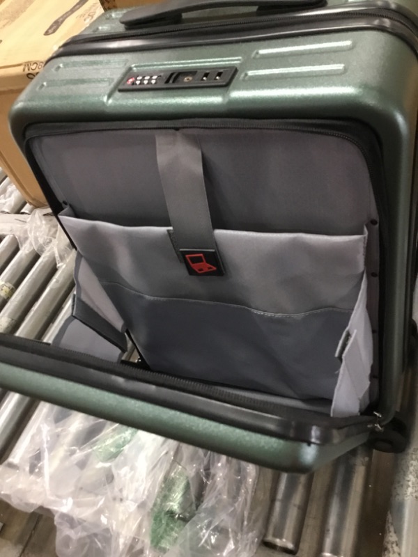 Photo 4 of Carry On 20 Inch Suitcase with Front Zipper Pocket, DARK GREEN