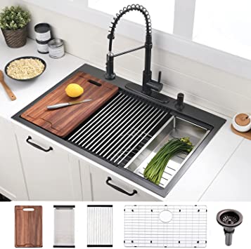 Photo 1 of 33x22-Inch White Kitchen Sink Workstation Drop in - VOKIM 33 Inch Single Bowl Kitchen Topmount Sink 16 Gauge Stainless Steel 10'' Deep Handmade Kitchen Sink with Cutting Board& Strainer
