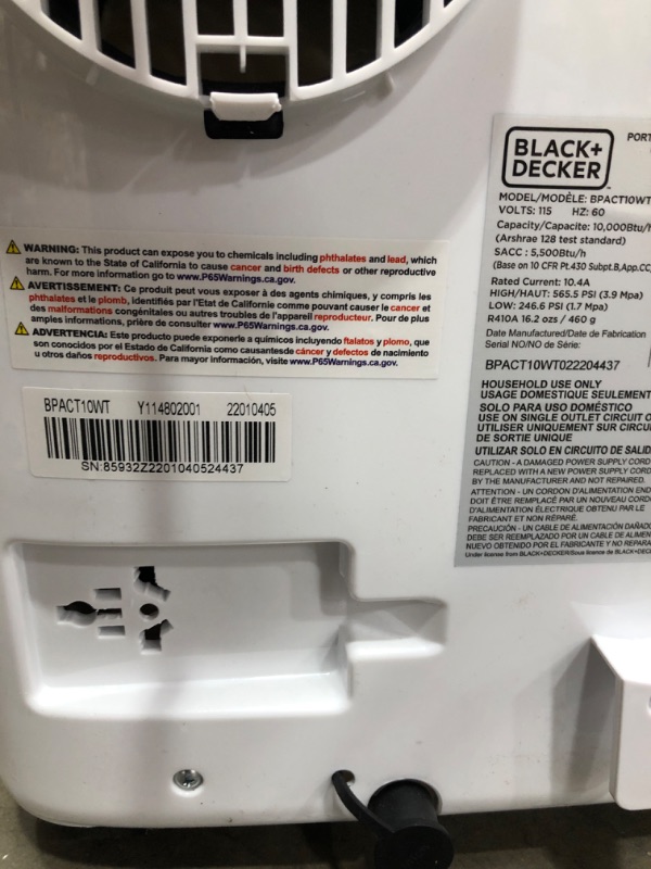 Photo 4 of ***PARTS ONLY*** Black+decker BPACT10WT 10,000 BTU Portable Air Conditioner with Remote