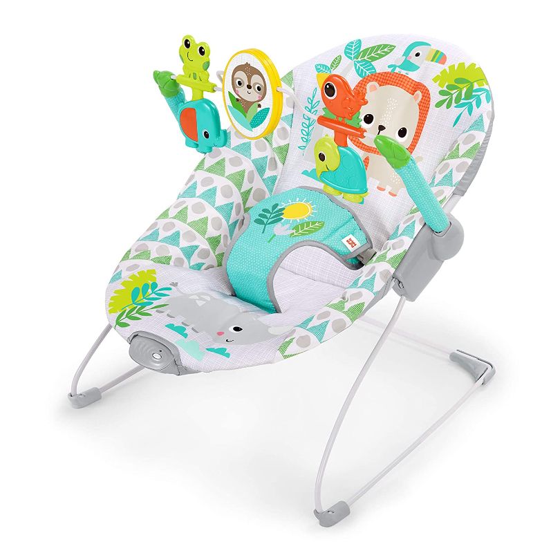 Photo 1 of Bright Starts Spinnin' Safari Vibrating Baby Bouncer Seat with 3-Point Harness and Toy Bar, Age 0-6 Months
