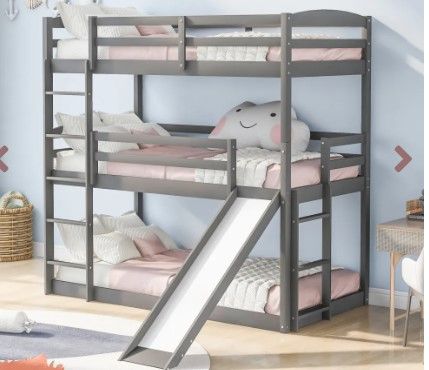 Photo 1 of ***INCOMPLETE MISSING UNKNOWN BOX OF 2 ***Twin over Twin over Twin Adjustable Triple Bunk Bed with Ladder and Slide, Gray
