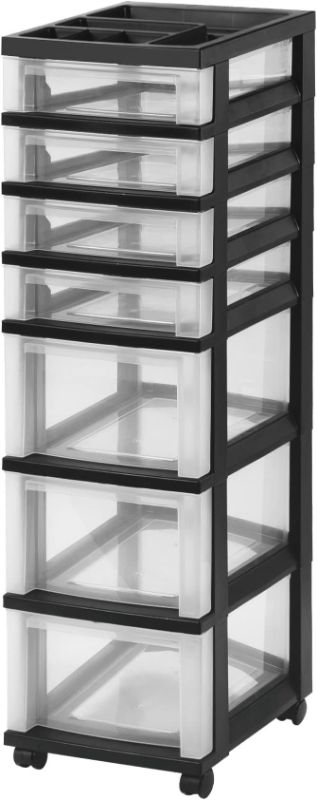 Photo 1 of IRIS USA MC Plastic Storage Drawer, Rolling Cart with Organizer Top, 7, Black
