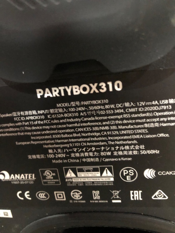 Photo 1 of (Dented FRAME) JBL Portable Bluetooth Speaker with LED Lighting, Black, JBLPARTYBOX310AM
