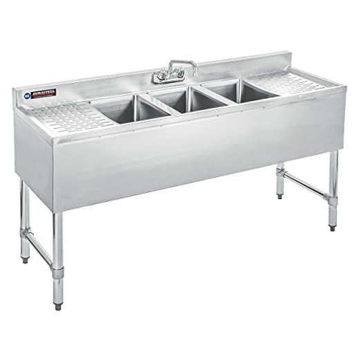 Photo 1 of (missing wheel)  DuraSteel 3 Compartment Stainless Steel Bar Sink with 10" L x 14" W x 10" D Bowl - Underbar Basin - NSF Certified - Double Drainboard, Faucet Included (Restaurant, Kitchen, Hotel, Bar)