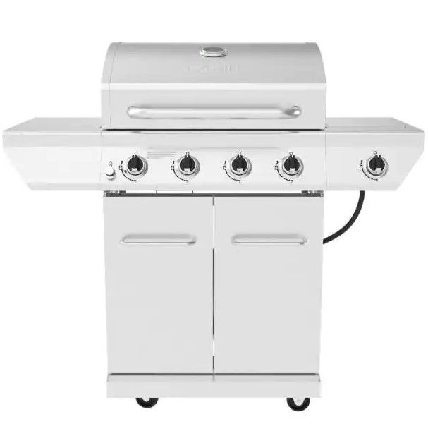 Photo 1 of 4-Burner Propane Gas Grill in Stainless Steel with Side Burner
