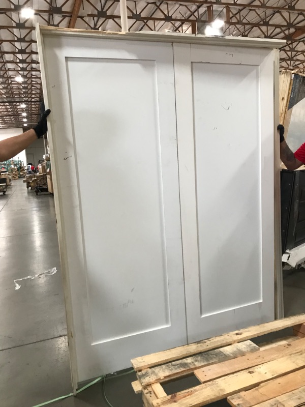 Photo 2 of 60 in. x 80 in. 1-Panel Primed White Shaker Solid Core Wood Double Prehung Interior Door with Bronze Hinges
