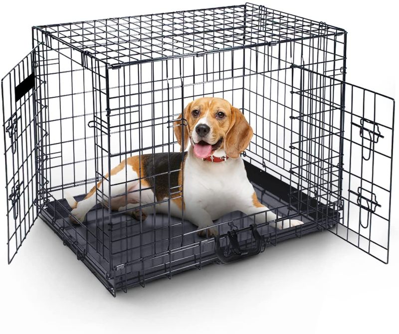 Photo 1 of 36 Inch Dog Crate - Folding Metal Dog Cage with 2 Doors (Front & Side), Chew Resistant Plastic Base Tray & Carrier Handle, Pet Crates for Small