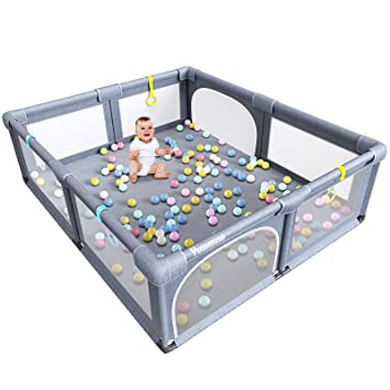 Photo 1 of Baby Playpen, Extra Large Play Yard, Indoor & Outdoor Kids Safety Activity Center with Gate & Anti-Slip Rubber Bases, Big Safety Sturdiness Babys Fences for Babies, Infant, Toddler, Childs (Grey)
