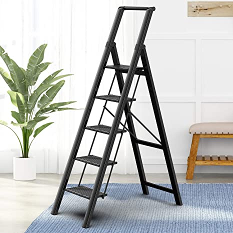 Photo 1 of 5 Steps Lightweight Aluminum Ladder Folding Step Stool Stepladders with Anti-Slip and Wide Pedal for Home and Kitchen Use Space Saving (Black)
*Minor dent*
