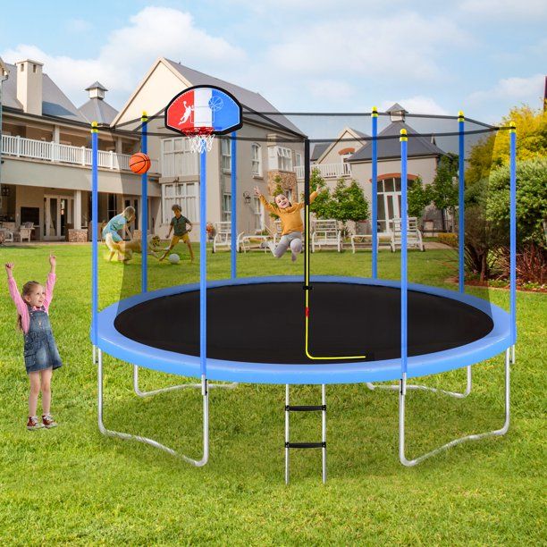 Photo 1 of 14Ft Trampoline For Kids With Safety Enclosure Net, Basketball Hoop And Ladder, Easy Assembly Round Outdoor Recreational Trampoline (Incomplete - 1 of 3 Boxes Only)