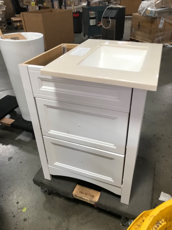 Photo 5 of (COSMETIC DAMAGES; DAMAGED DRAWER ALIGNMENT) Glacier Bay Modular 24-1/2 in. W Bath Vanity in White with Solid Surface Technology Vanity Top in Silver Fox with White Basin
