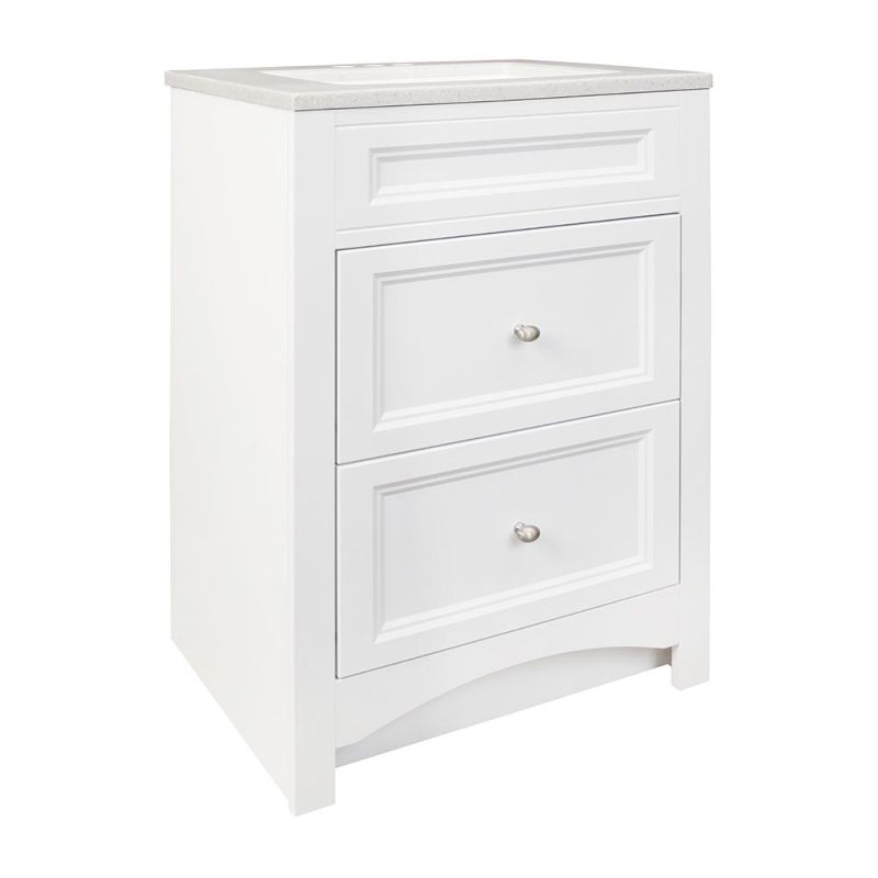 Photo 1 of (COSMETIC DAMAGES; DAMAGED DRAWER ALIGNMENT) Glacier Bay Modular 24-1/2 in. W Bath Vanity in White with Solid Surface Technology Vanity Top in Silver Fox with White Basin
