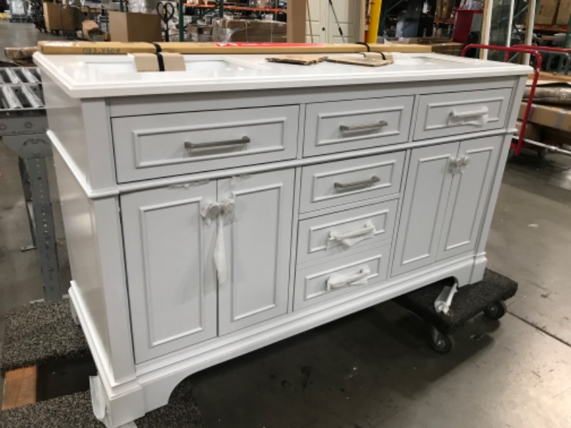 Photo 5 of (DAMAGED BACK; DAMAGED MARBLE CORNER) Home Decorators Collection Melpark 60 in. W x 22 in. D Bath Vanity in Dove Gray with a Cultured Marble Vanity Top in White with White Sink