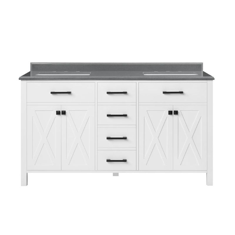 Photo 1 of (CRACKED/CHIPPED STONE; DENTED/SCRATCHED BASE; CRACKED BASE) Home Decorators Collection Ainsley 60 in. W X 22 in. D Bath Vanity in White with Culture Stone Vanity Top in Grey with White Basins
