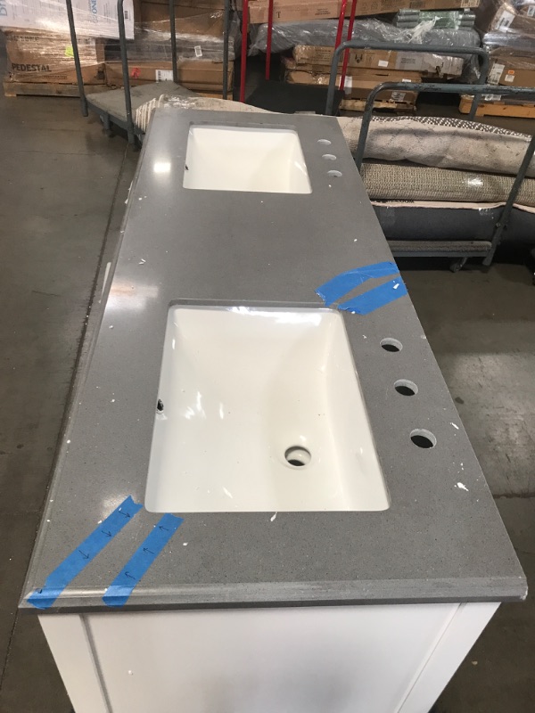 Photo 11 of (CRACKED/CHIPPED STONE; DENTED/SCRATCHED BASE; CRACKED BASE) Home Decorators Collection Ainsley 60 in. W X 22 in. D Bath Vanity in White with Culture Stone Vanity Top in Grey with White Basins
