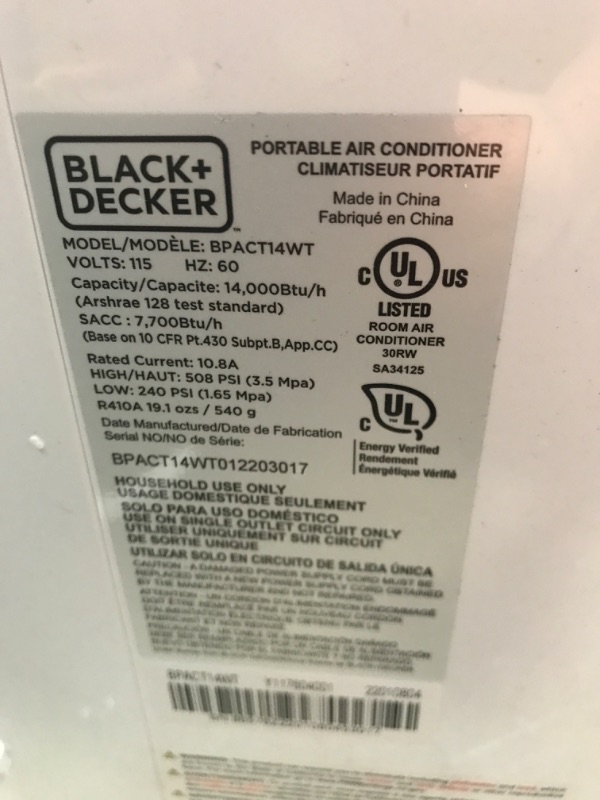 Photo 3 of BLACK+DECKER 8,000 BTU DOE (14,000 BTU ASHRAE) Portable Air Conditioner with Remote Control, White