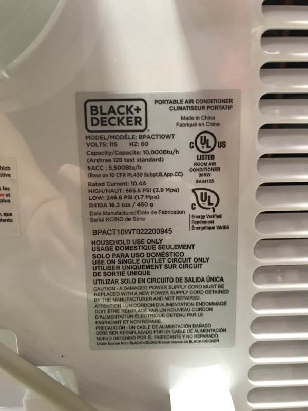 Photo 4 of  (Non functional) BLACK+DECKER 10,000 BTU Portable Air Conditioner with Remote Control, White