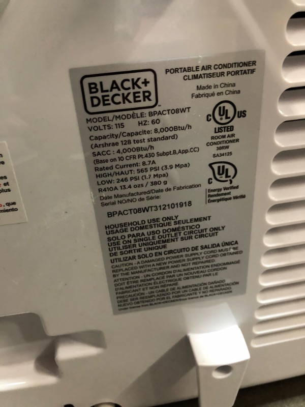 Photo 4 of (non funtional touch pad) BLACK+DECKER™ 8,000 BTU Portable Air Conditioner