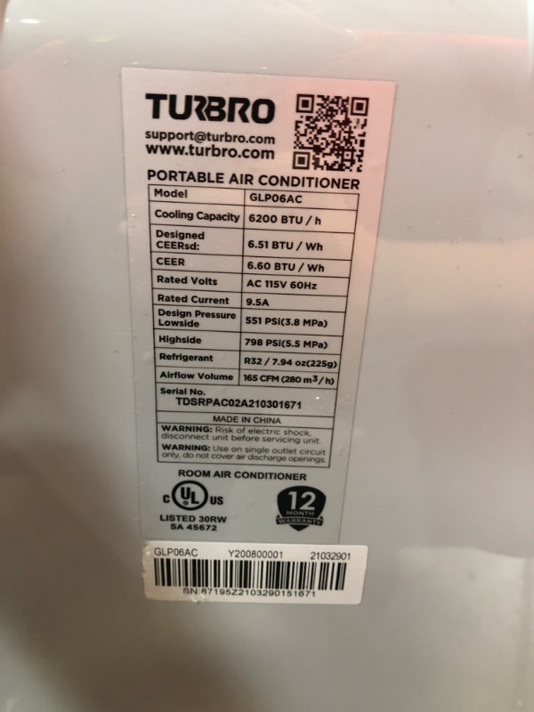 Photo 2 of (missing attachments, damaged frame) TURBRO Greenland 10,000 BTU Portable Air Conditioner, Dehumidifier and Fan, 3-in-1 Floor AC Unit for Rooms up to 400 Sq Ft, Sleep Mode, Timer, Remote Included (6,000 BTU SACC)