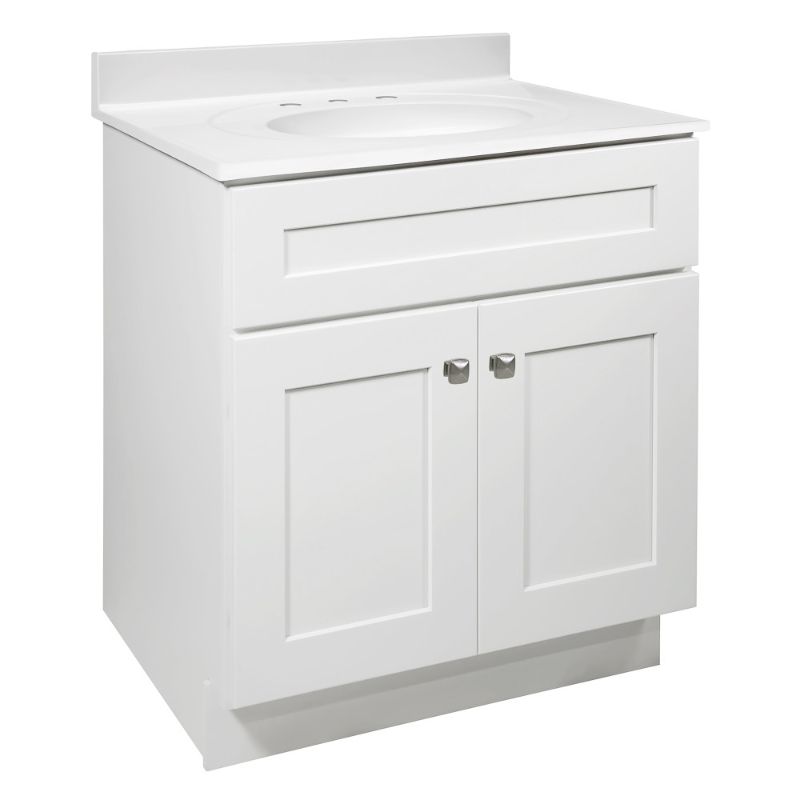 Photo 1 of (VANITY ONLY) Brookings Ready to Assemble 30 in. W x 21 in. D 2-Door Shaker Style Bath Vanity Cabinet Only in White Chipped , Missing hardwear
