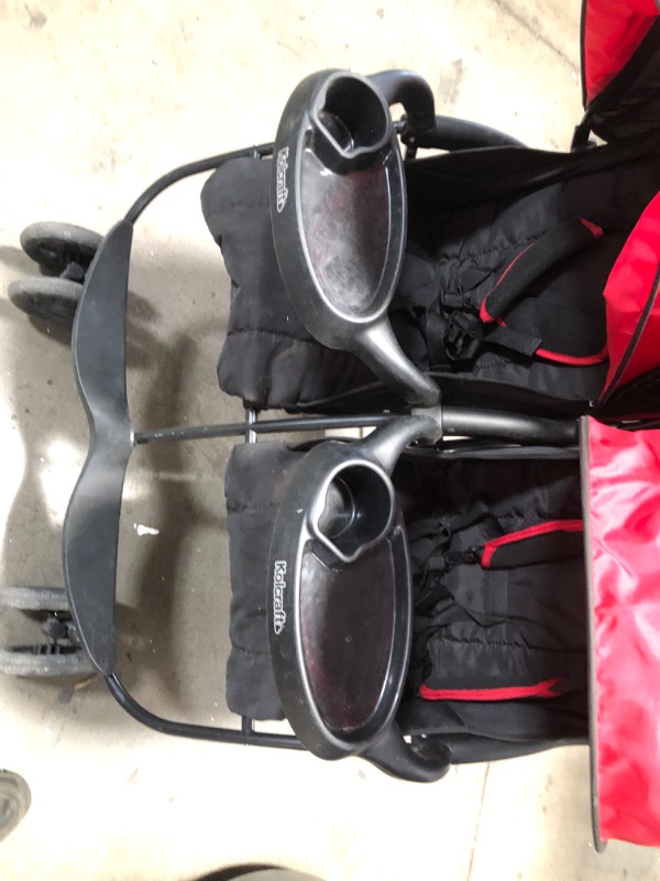 Photo 6 of (MISSING WHEELS ENDS/CAPS) Kolcraft Cloud Plus Lightweight Double Stroller with Reclining Seats & Extendable Canopies, Red/Black
