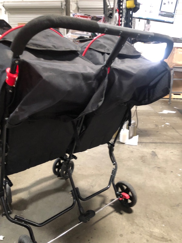 Photo 7 of (MISSING WHEELS ENDS/CAPS) Kolcraft Cloud Plus Lightweight Double Stroller with Reclining Seats & Extendable Canopies, Red/Black
