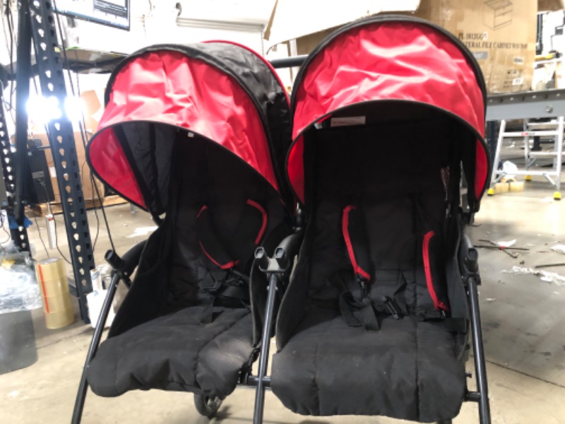 Photo 10 of (MISSING WHEELS ENDS/CAPS) Kolcraft Cloud Plus Lightweight Double Stroller with Reclining Seats & Extendable Canopies, Red/Black
