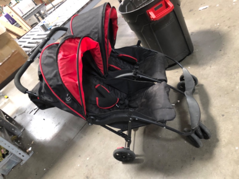 Photo 4 of (MISSING WHEELS ENDS/CAPS) Kolcraft Cloud Plus Lightweight Double Stroller with Reclining Seats & Extendable Canopies, Red/Black
