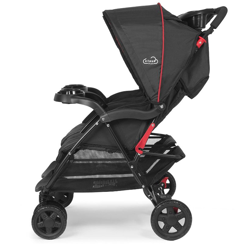 Photo 1 of (MISSING WHEELS ENDS/CAPS) Kolcraft Cloud Plus Lightweight Double Stroller with Reclining Seats & Extendable Canopies, Red/Black
