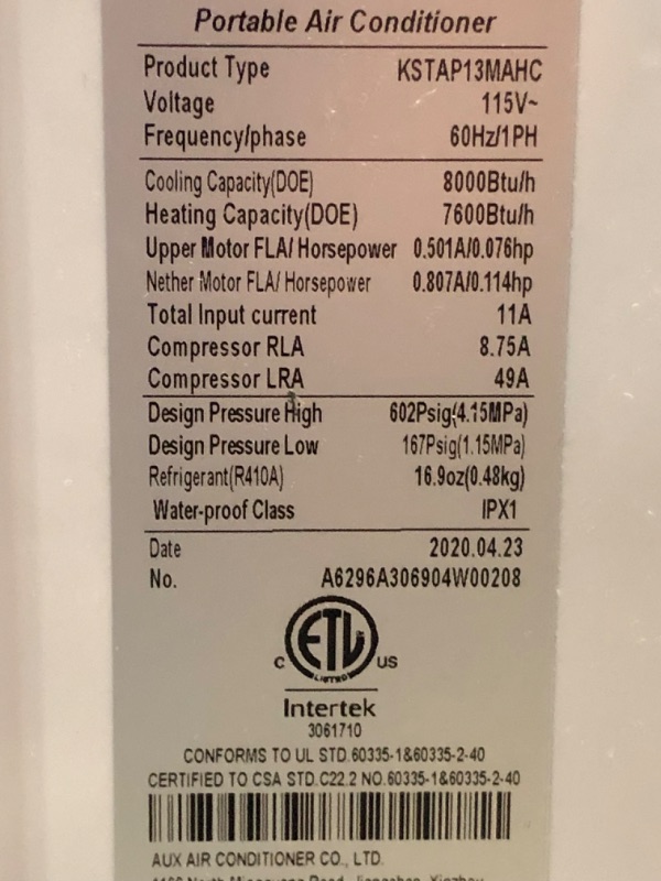 Photo 7 of (BROKEN WHEEL BASE; DAMAGED ATTACHMENTS) Keystone 13,000 Portable Air Conditioner | 7,600 BTU Supplemental Heating | Follow Me Remote Control | Timer | Sleep Mode | Dehumidifier | AC for Rooms up to 450 Sq. Ft | KSTAP13MAHC, White
