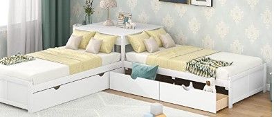 Photo 1 of **box 1 only** MOEO L-Shaped Twin Size Platform Bed with Trundle and Drawers Linked w/ Built-in Desk for Kids, Bedroom, Teens, Adults, No Box Spring Needed, 3 Wood Bedframe in 1, Brown 
