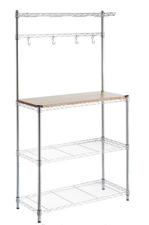 Photo 1 of Amazon Basics Kitchen Storage Baker's Rack with Wood Table, Chrome/Wood (36L x 14W x 63.4H)
