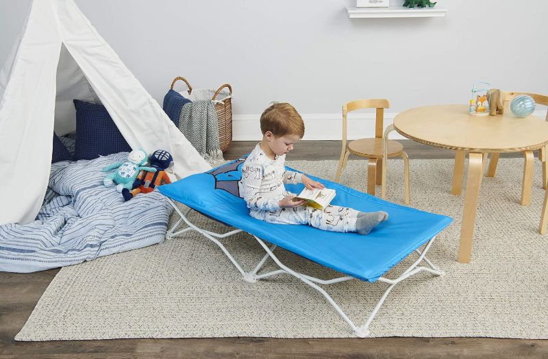 Photo 1 of Regalo My Cot Pals Small Single Portable Toddler Bed , Raccoon, Blue , 48x24.5x9 Inch (Pack of 1)
