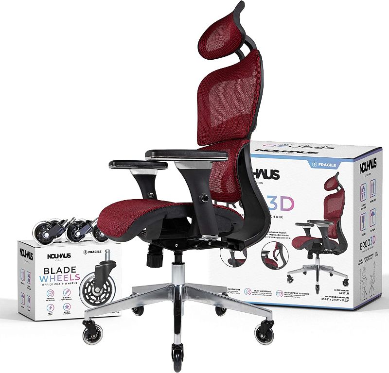 Photo 1 of NOUHAUS Ergo3D Ergonomic Office Chair - Rolling Desk Chair with 4D Adjustable Armrest, 3D Lumbar Support and Blade Wheels - Mesh Computer Chair, Office Chairs, Executive Swivel Chair (Burgundy)
