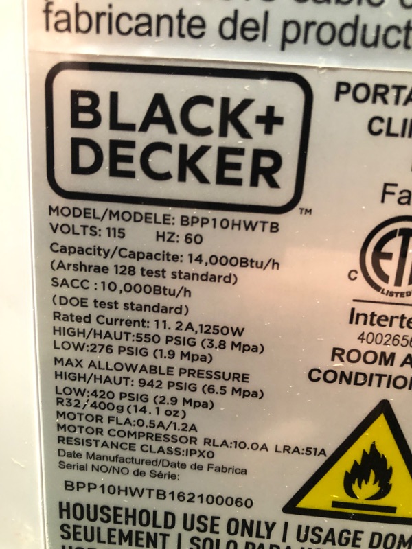 Photo 1 of POWERS ON BUT DOES NOT BLOW ANYTHING* PARTS ONLY**
BLACK+DECKER 14,000 BTU Portable Air Conditioner with Remote Control, White
