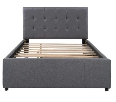 Photo 1 of Amolife Full Size Metal Bed Frame with Fabric Geometric Upholstered Headboard, Grey
