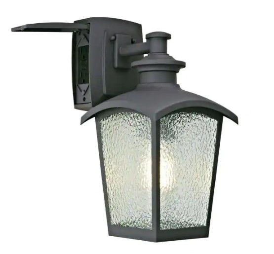 Photo 1 of 1-Light Graphite Gray Outdoor Coach Light Sconce with Seeded Glass and Built-In GFCI Outlets