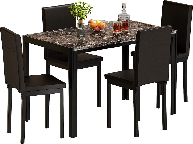 Photo 1 of **MISSING SCREWS**

Dining Table Set for 4, Modern Kitchen Table and Chairs Set, Faux Marble Tabletop and 4 PU Leather Upholstered Chairs Dining Set for Living Room