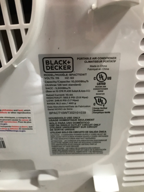 Photo 1 of BLACK+DECKER 10,000 BTU Portable Air Conditioner with Remote Control, White
