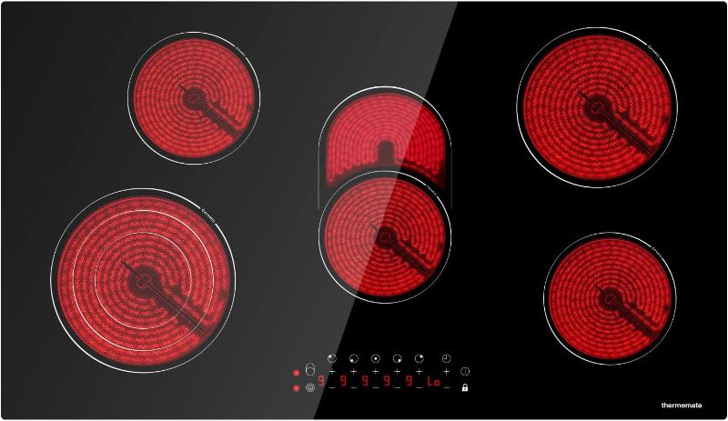 Photo 1 of Electric Cooktop, thermomate 36 Inch Built-in Radiant Electric Stove Top, 240V Ceramic Electric Stove with 5 Burners, 9 Heating Level, Timer & Kid Safety Lock, Sensor Touch Control FOR PARTS ONLY 
