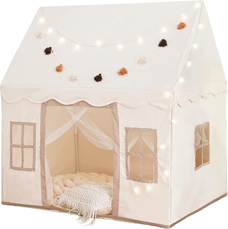 Photo 1 of Play Tent with Mat, Star Lights Large Kids Playhouse with Windows Easy to Wash, Indoor and Outdoor Play Tent for Kids, little dove Toys for Girls,Neutral Color,47x40x52
