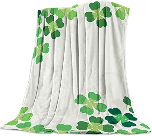 Photo 1 of Twin Size Flannel Fleece Adults Bed Blanket Soft Throw-Blankets, St.Patrick's Day Four Leaf Clover Green Pattern, Lightweight Blankets for Bedroom Living Room Sofa Couch, 39x49in