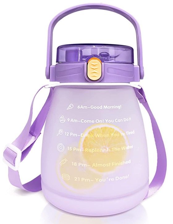 Photo 1 of 2 PACK Cute Water Bottles with Straw, Portable Sports Water Bottle, Large Capacity kawaii Bottles with Time Marker Straw and Shoulder Strap for Students and Children Outdoor Camping Sports Travel (Purple)
