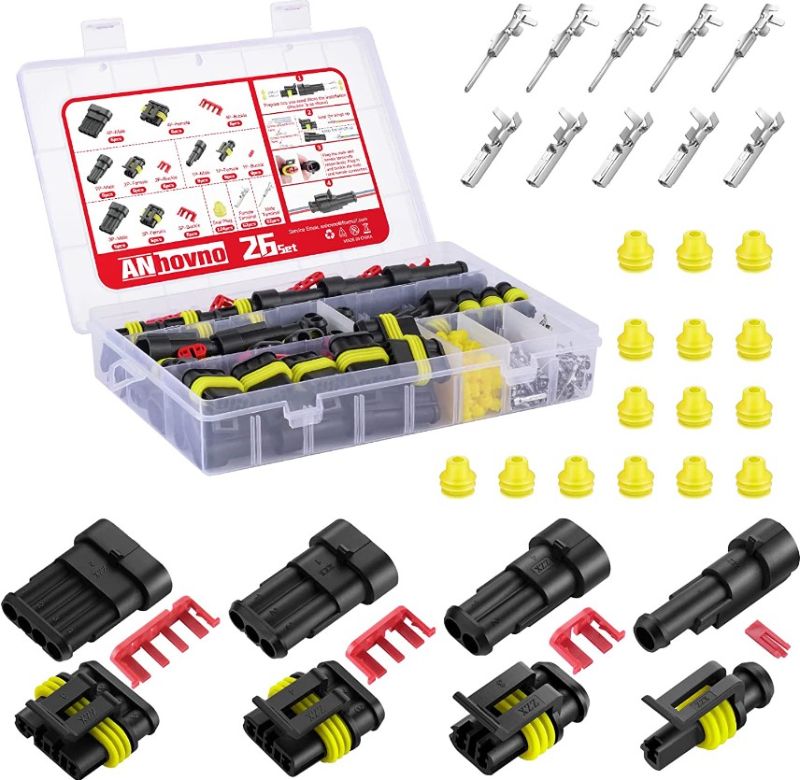 Photo 1 of 352 PCs Waterproof Automobile Wire Connector Kit Electrical Male Female Terminals Connectors, 20-14 AWG Way Automotive 12v Car Harness Quick Connect for Wiring Seal 1 2 3 4 Pin Connectors (26 set)
