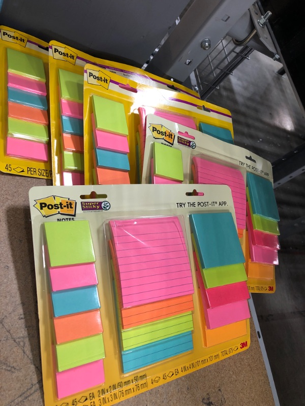 Photo 2 of ***5 packs***Post-it Super Sticky Notes, Assorted Sizes, 75 Pads, 2x the Sticking Power, Miami Collection, Neon Colors (Orange, Pink, Blue, Green), Recyclable (4423-15SSMIA)