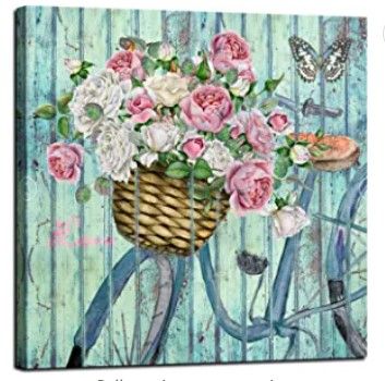 Photo 1 of Anolyfi Bathroom Wall Decor Bicycle & Flowers Canvas Art Butterfly Painting Nature Pink Roses Picture Artwork Vintage Prints Framed for Kitchen Dinning Room Living Room Bedroom Home Decor 14"X14"
