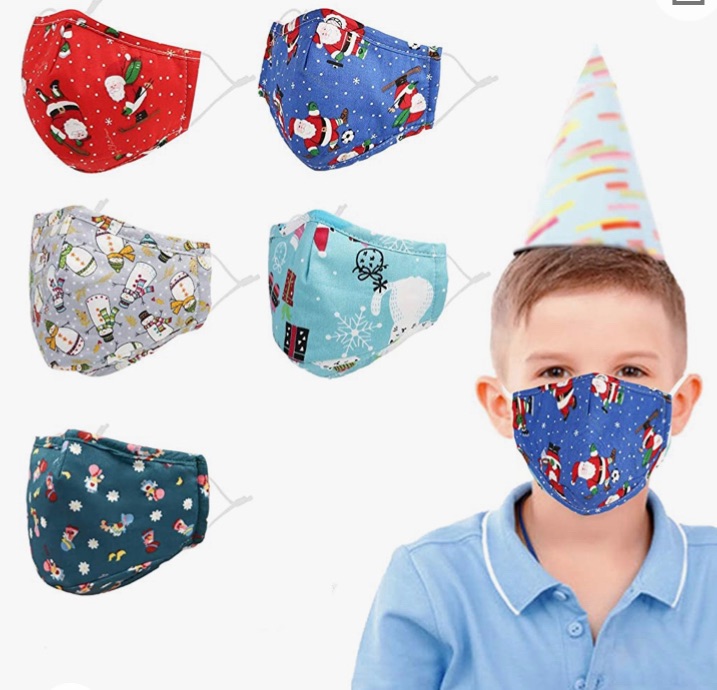 Photo 1 of Kids Christmas Face Mask?5 Pack Cloth Reusable Children Face masks with 3-ply Adjustable Ear Loops & Nose Wire Breathable for Boys and Girls to School